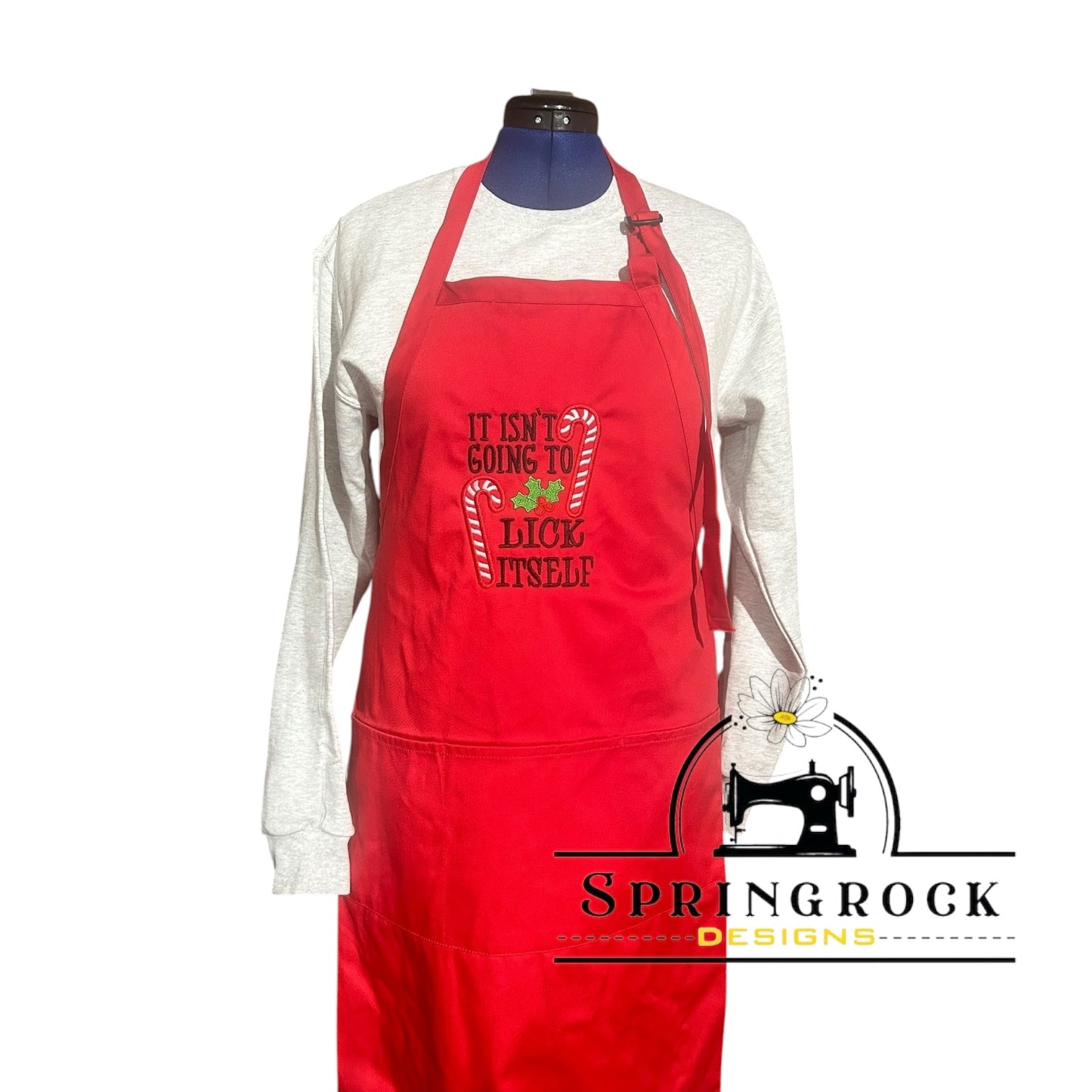 IT ISN'T GOING TO LICK ITSELF embroidered apron RED